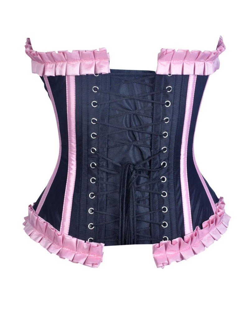 A dark navy blue corset with pink satin trim and ruffled details, featuring front lacing and silver metal eyelets, shown against a plain white background.