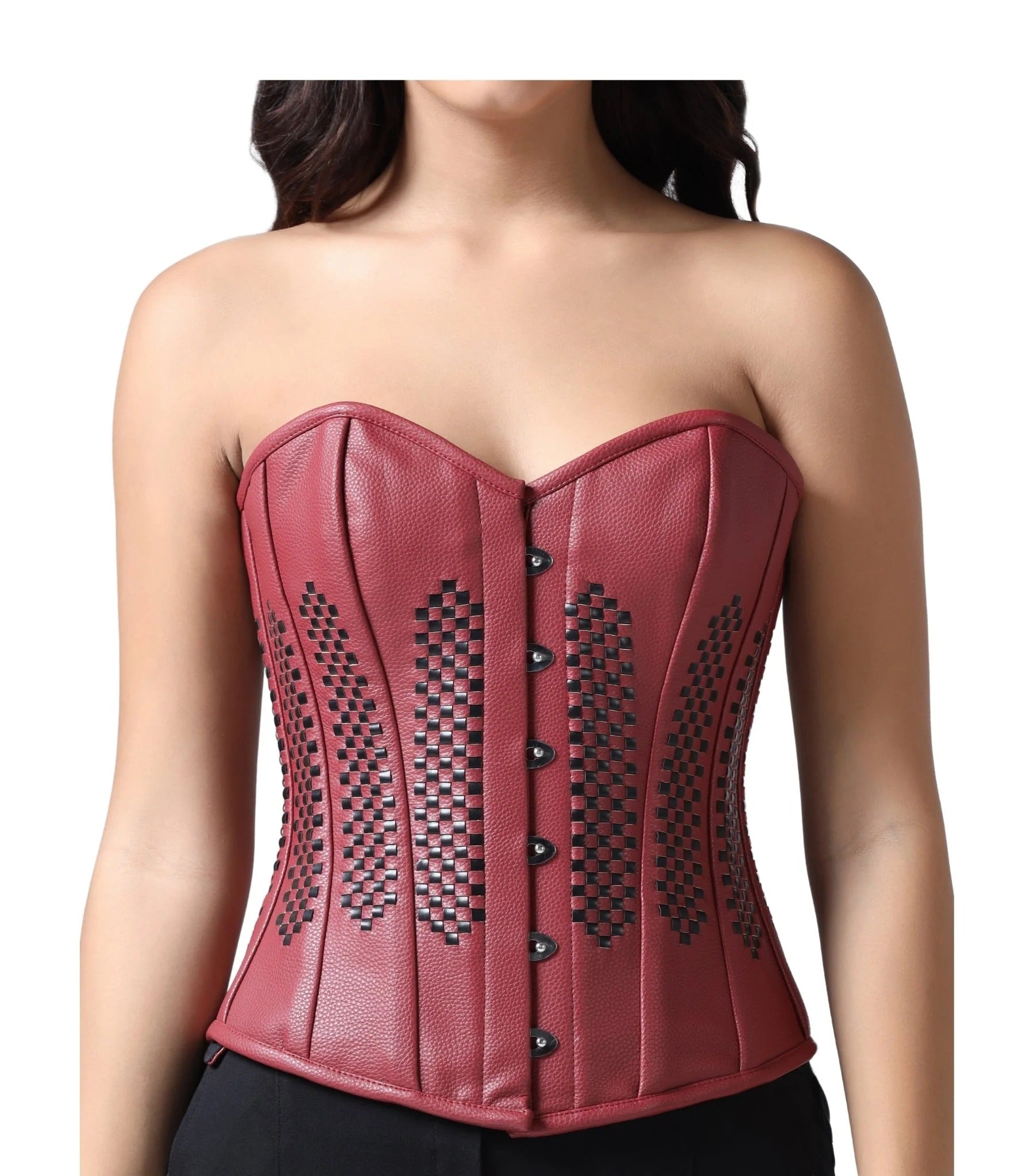 A strapless red faux leather corset top with black decorative patterns and a button closure, shown on a model against a white background.