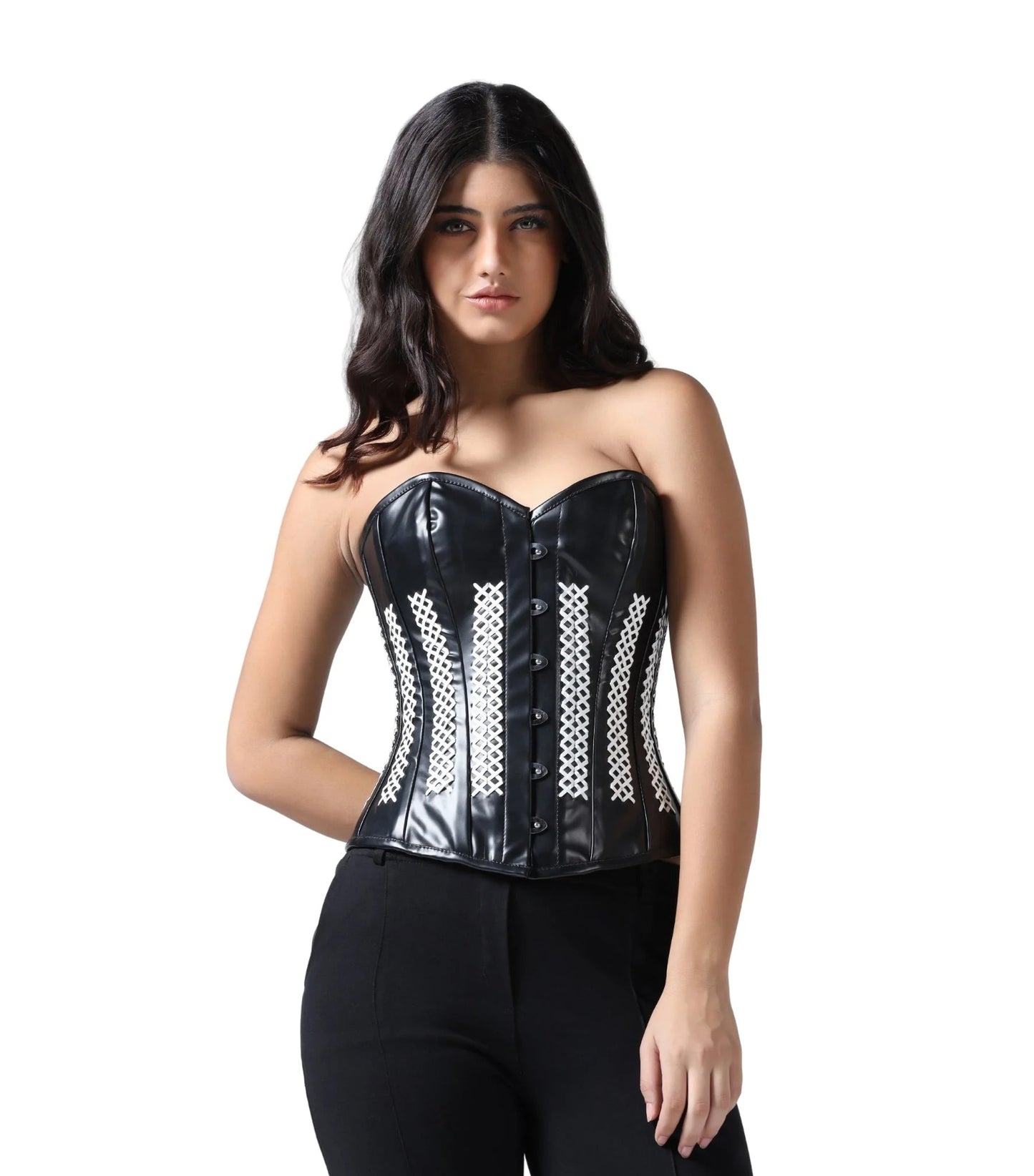 BONING:

Bone: 10 Spiral steel bones are distributed all around the corset
Bone: 4 Flat steel bones are located at the back of the corset

OPENING: Front Open With Busk.

Lacing: It has 6.5-meter-long lace which is used to tight lace the corset.


Modesty Panel:6 inches wide. To get it covered from the back too.


FABRIC:

Fabric Layer- 1: Shell Fabric 100%  Faux Leather

Fabric Layer-2: Fused 100% Cotton Twill for extra comfort.