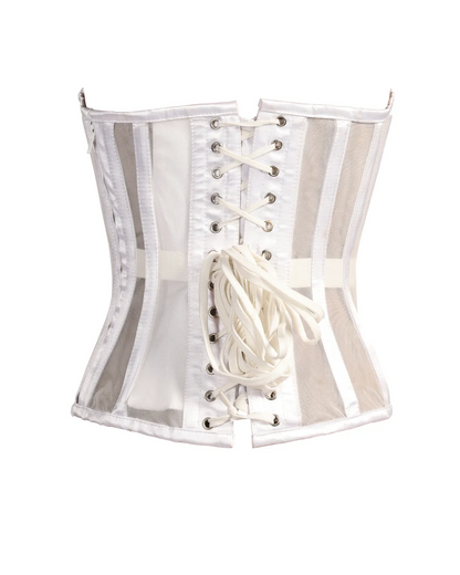 A white corset-style waist trainer with sheer mesh panels, structured boning, and front lace-up closure, shown against a plain white background.