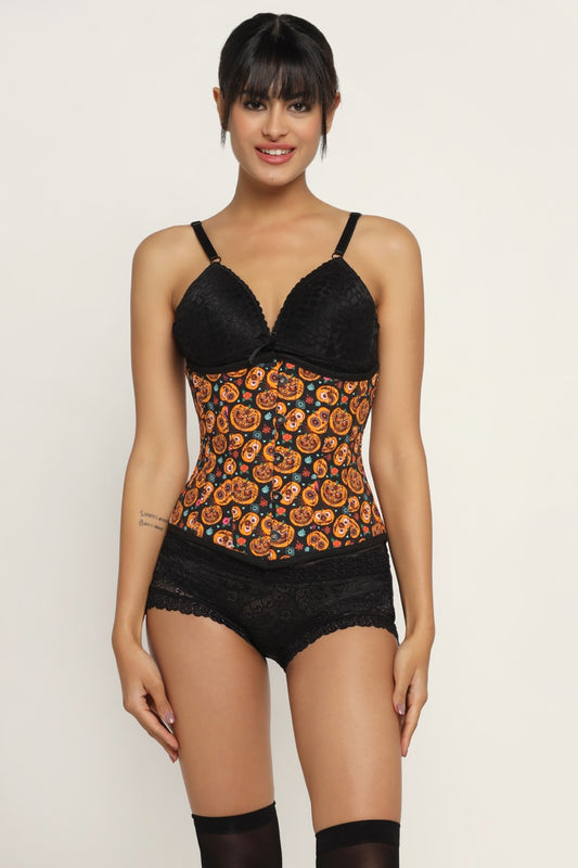 Pumpkin flower printed waist reducing underbust corset