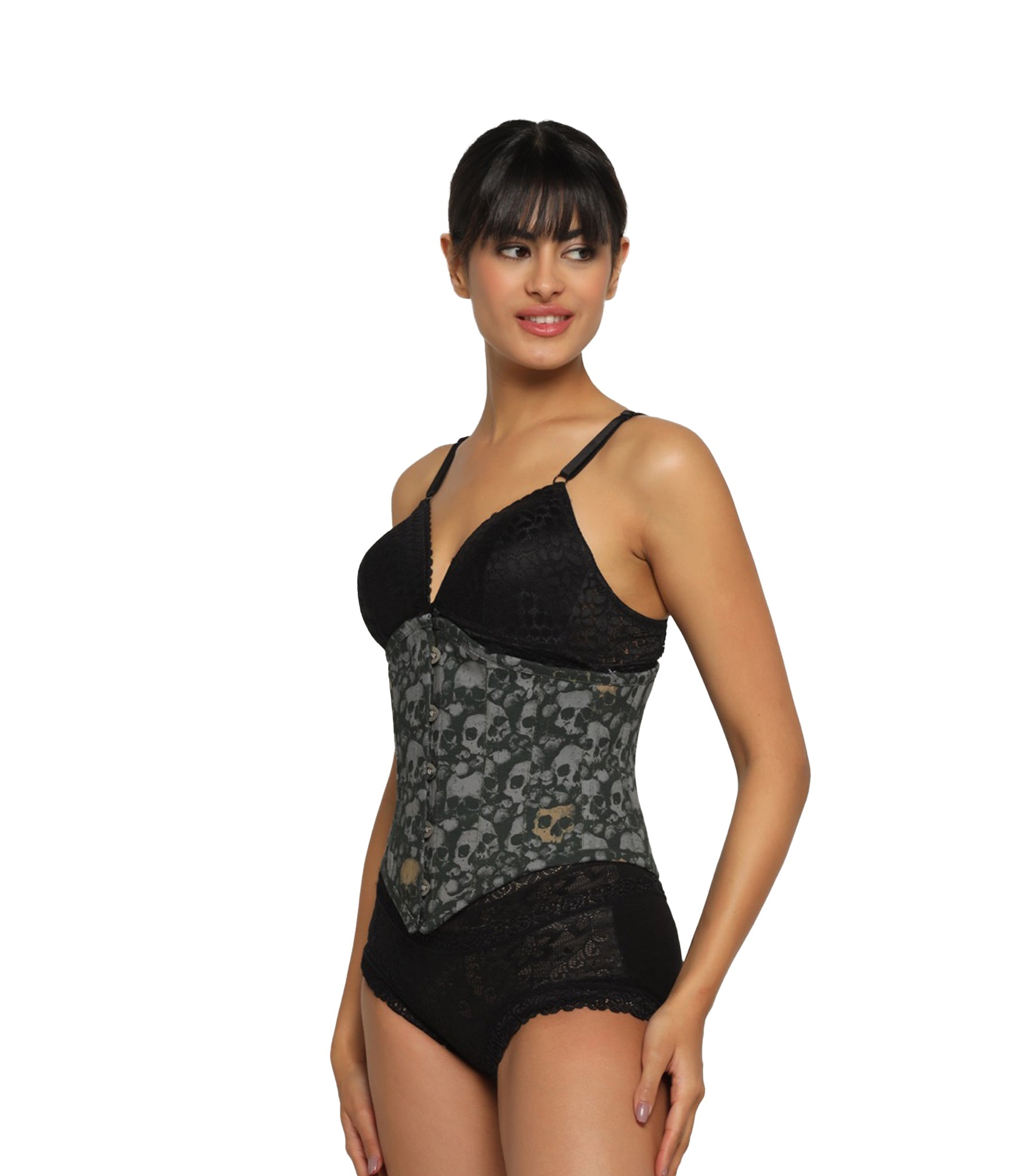 Grey Skullprinted Waist Reducing Authentic Steel Boned Sexy Underbust Corset