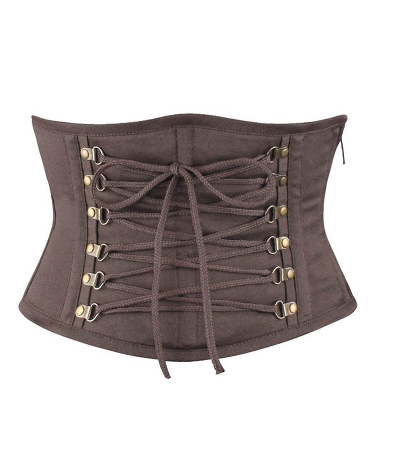 Women's Brown Cotton Twill Steel Boned Underbust Corset | Steampunk Waist Trainer Belt with Antique Metal D-Rings