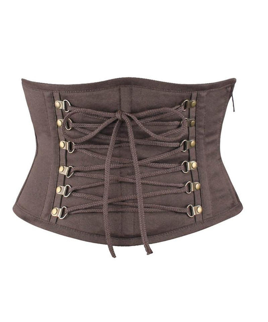 Women's Brown Cotton Twill Steel Boned Underbust Corset | Steampunk Waist Trainer Belt with Antique Metal D-Rings