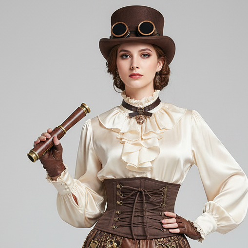 A woman modeling a steampunk costume consisting of a cream long-sleeve blouse, a brown corset, a brown patterned skirt with brass gear details, a brown top hat with goggles, and brown knee-high boots, holding a brass instrument against a light gray studio background.