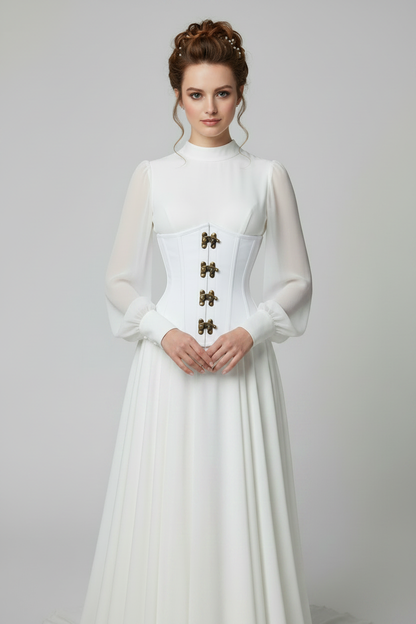 A woman modeling a long-sleeved white dress with a structured corset-style bodice and four prominent gold-tone decorative accents down the center front, photographed against a neutral light gray studio background. White Cotton Underbust Steel Boned Corset | Corset Revolution