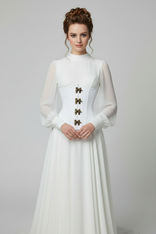 A woman modeling a long-sleeved white dress with a structured corset-style bodice and four prominent gold-tone decorative accents down the center front, photographed against a neutral light gray studio background. White Cotton Underbust Steel Boned Corset | Corset Revolution