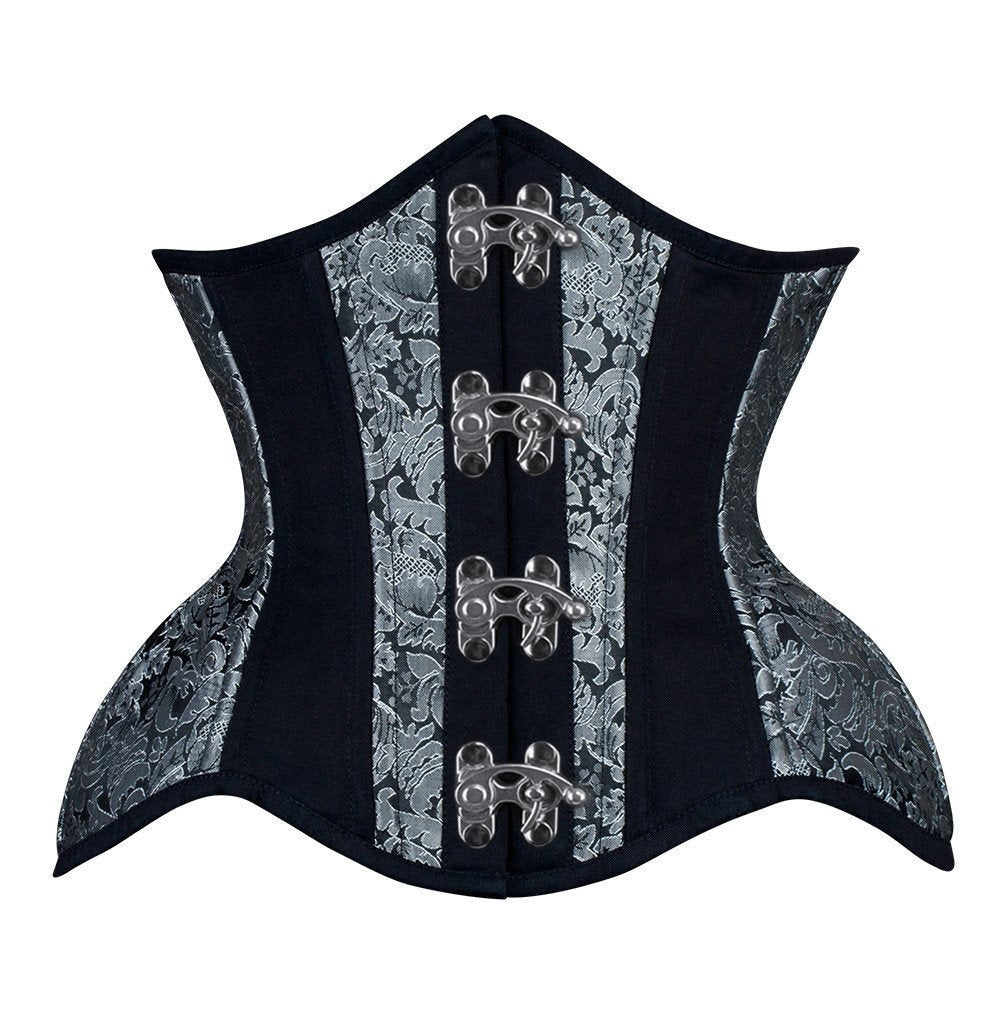 Black and silver brocade steel-boned underbust corset with silver-tone metal clasp front closure, contrast panels and pointed waist-cincher shape.