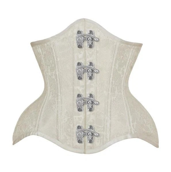 An off-white lace corset with silver metal toggle closures, shown against a plain white background.