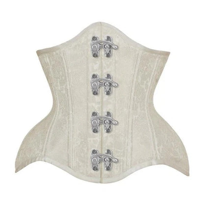 An off-white lace corset with silver metal toggle closures, shown against a plain white background.