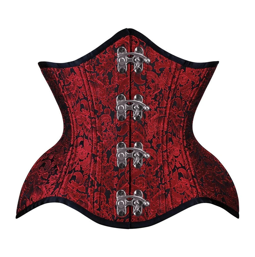 Red and black brocade steel-boned underbust corset with silver-tone metal clasp front closure, black binding and pointed waist-cincher shape.
