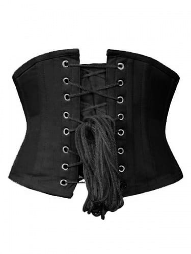 A black fabric corset waist trainer with front lacing and metal eyelets, shown against a plain white background.