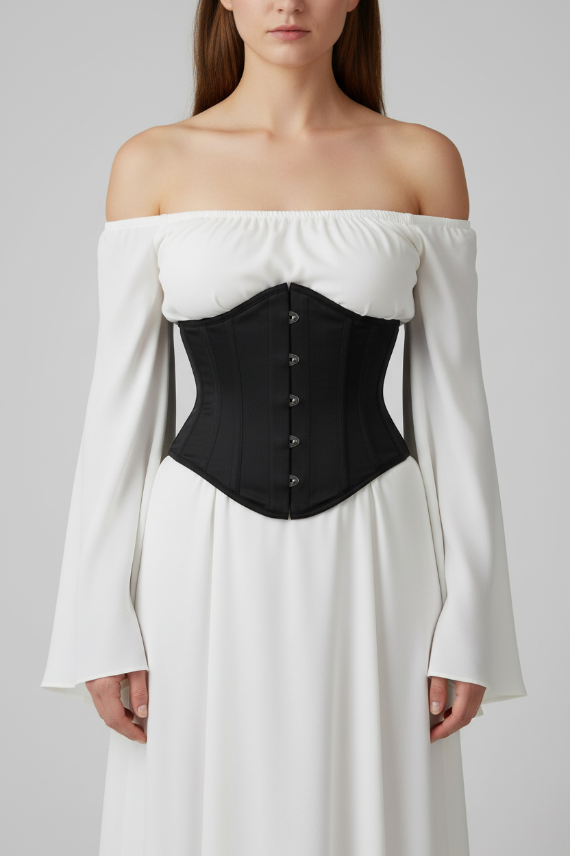 An off-the-shoulder white dress with long bell sleeves and a fitted black corset-style waist panel with front buttons, shown on a model against a light gray studio background.