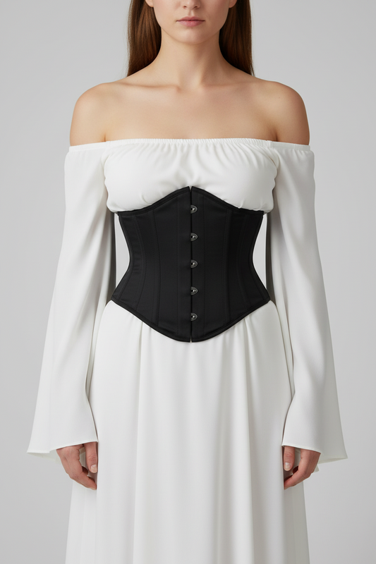 An off-the-shoulder white dress with long bell sleeves and a fitted black corset-style waist panel with front buttons, shown on a model against a light gray studio background.