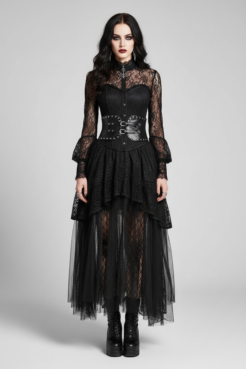 A model wearing a black gothic-style dress with sheer lace sleeves, a structured corset waist, and a layered tulle skirt, photographed against a neutral gray studio background.