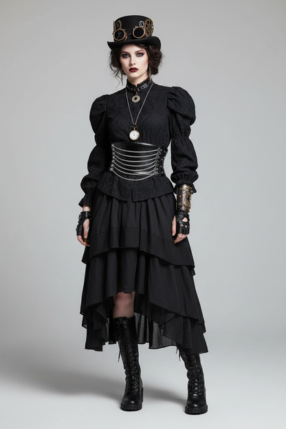 Gothic Faux Leather Ultra-Mini Corset Belt | Steampunk Waist Cincher with Multi-Tier Chains & Front Zip