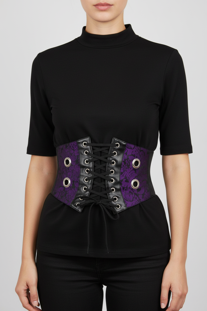 A model wearing a black short-sleeve mock neck top and black pants, featuring a wide purple lace-up waist belt with black patterned panels and silver grommets.