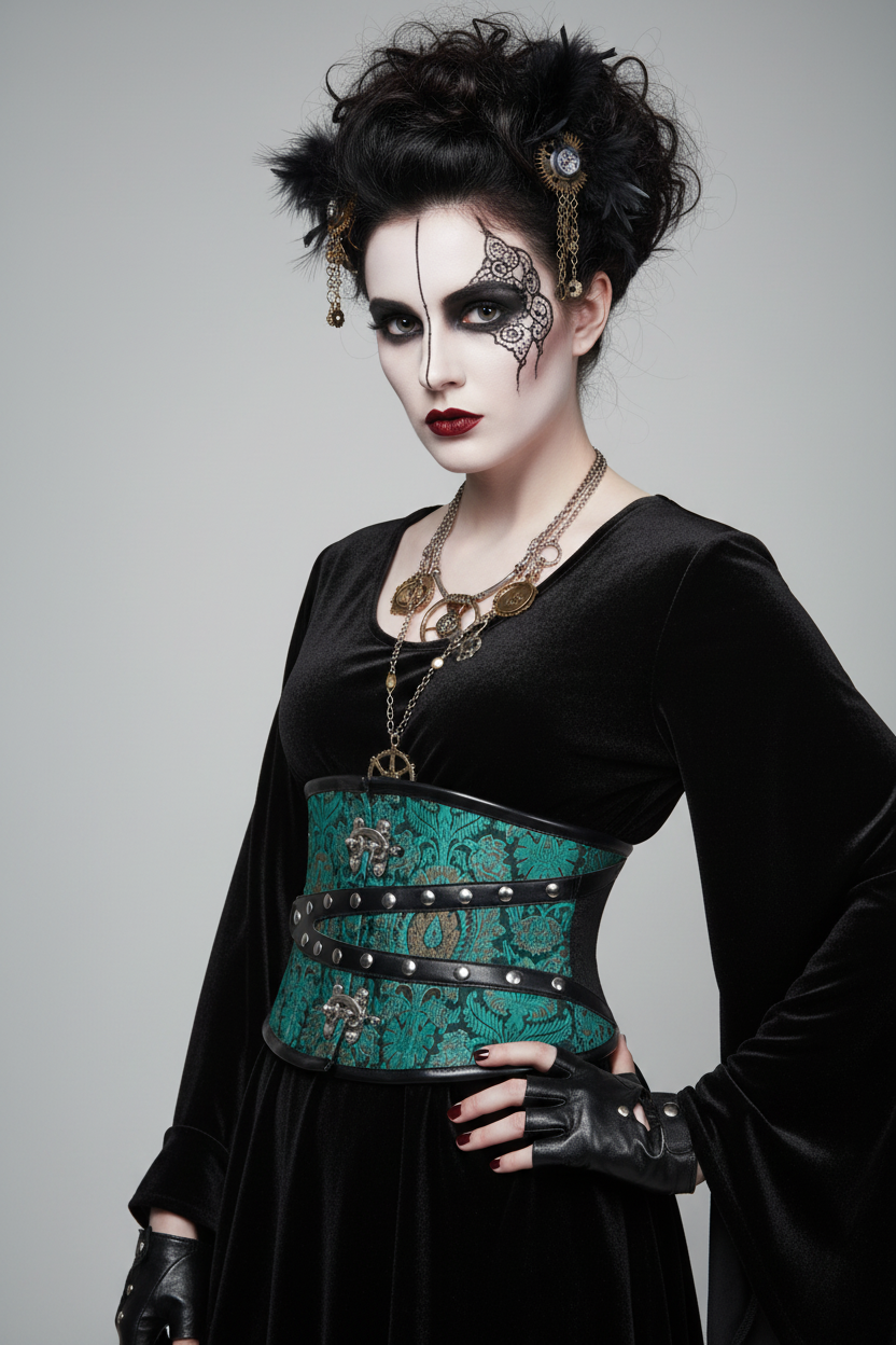 Aetheria Teal Brocade Steampunk Waspie Corset with C-Lock & Leather Straps