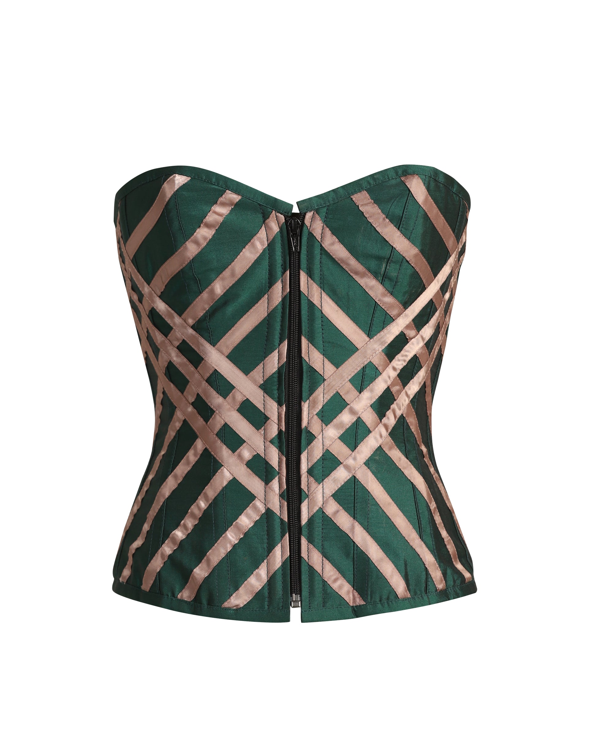A strapless corset top with a sweetheart neckline, featuring a dark green satin-like fabric with a metallic rose gold geometric lattice pattern and a central black zipper.