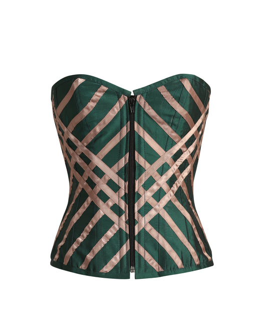 A strapless corset top with a sweetheart neckline, featuring a dark green satin-like fabric with a metallic rose gold geometric lattice pattern and a central black zipper.