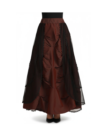 Brown & Black Victorian Gothic Ruched Mesh Maxi Skirt