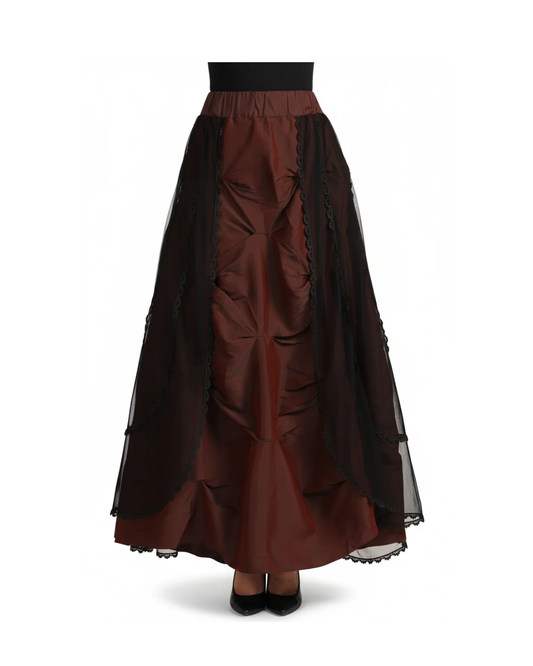 Brown & Black Victorian Gothic Ruched Mesh Maxi Skirt
