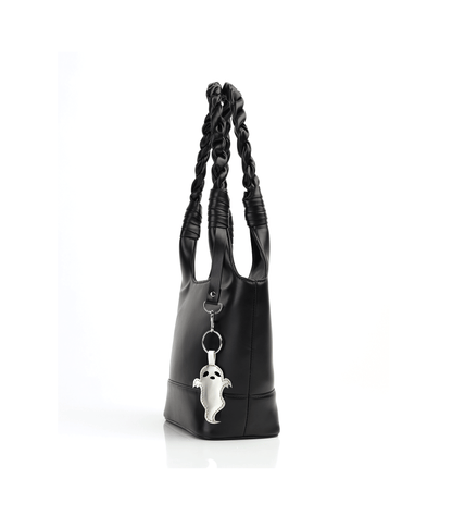 Women's Black Faux Leather Shoulder Bag with Braided Strap