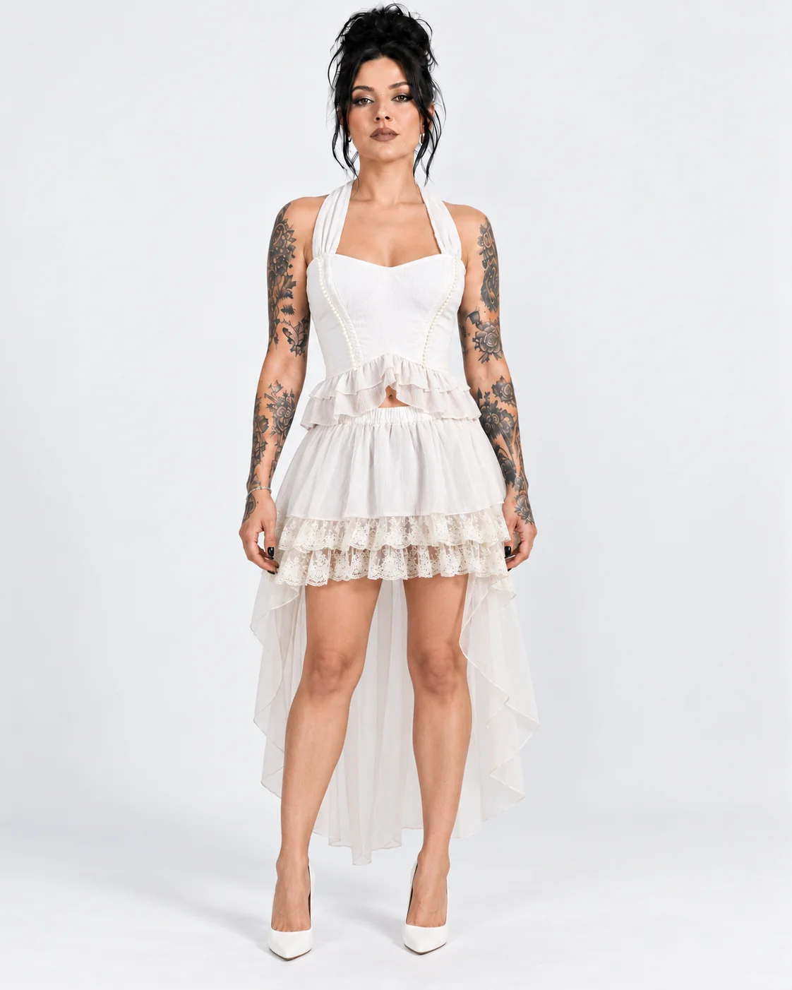 White Plastic-Boned Halter Corset & High-Low Skirt Set