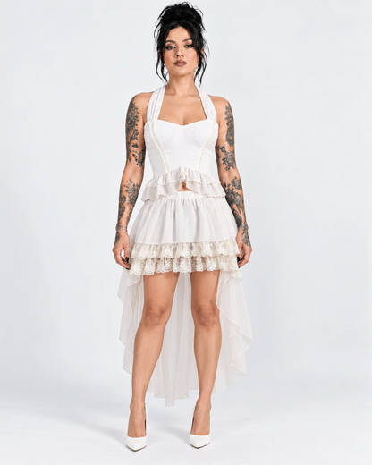 White Plastic-Boned Halter Corset & High-Low Skirt Set