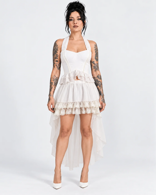 White Plastic-Boned Halter Corset & High-Low Skirt Set