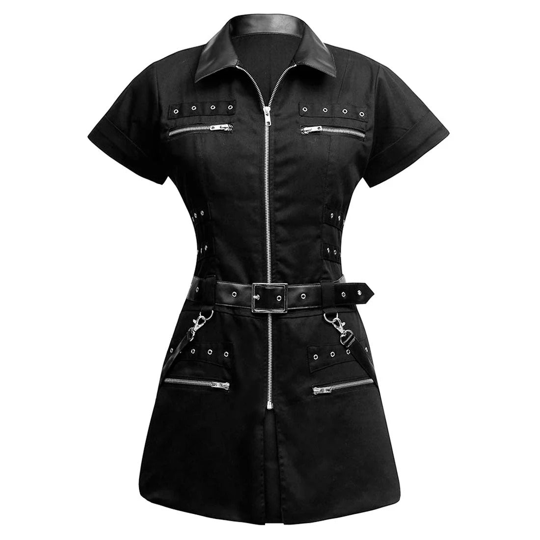 A black short-sleeve goth-style mini dress with a front zipper, collar, belt, and multiple silver hardware accents, shown on a plain white background.