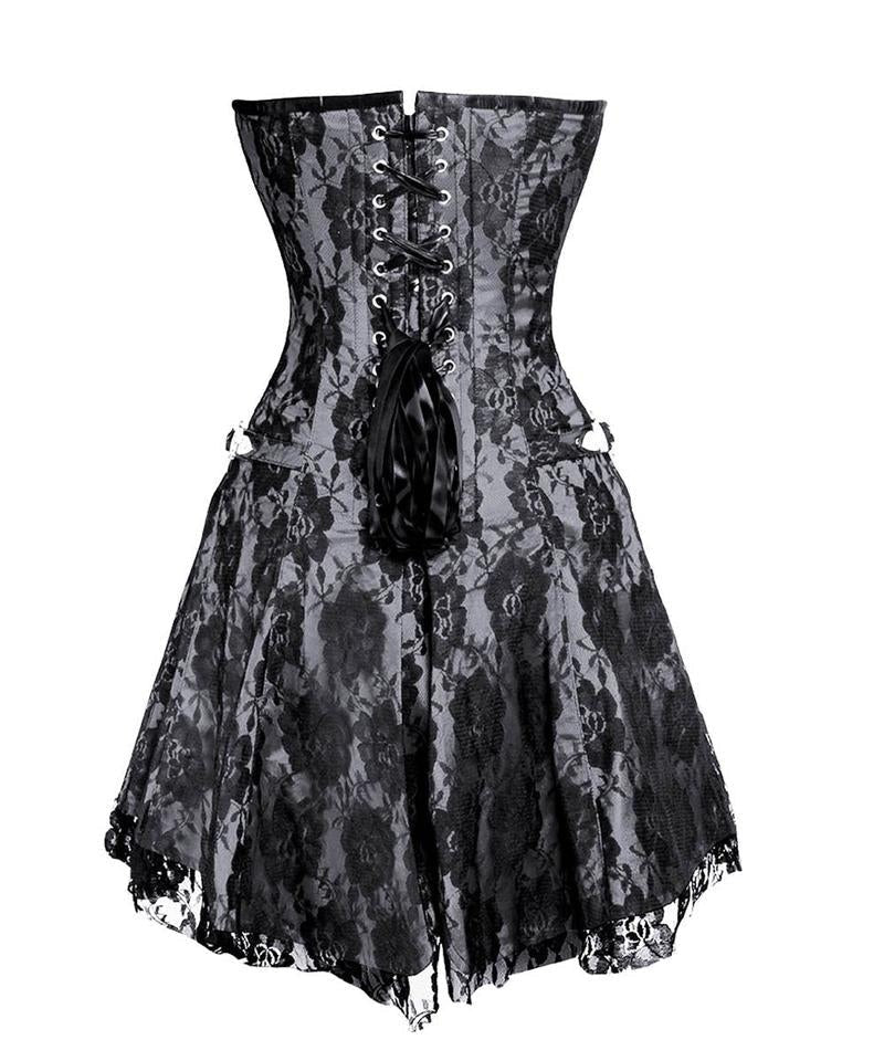 Knee-length black lace corset dress with sweetheart neckline and adjustable back lacing