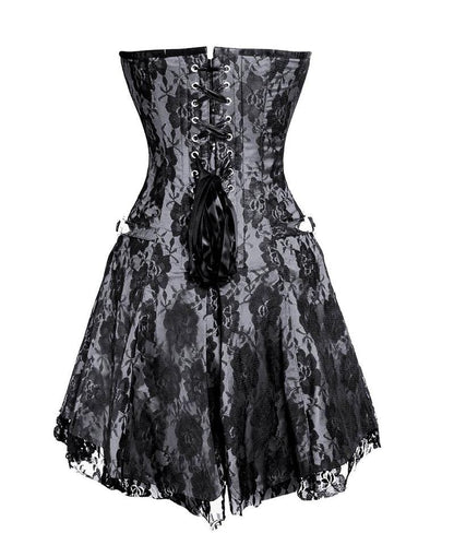 Knee-length black lace corset dress with sweetheart neckline and adjustable back lacing