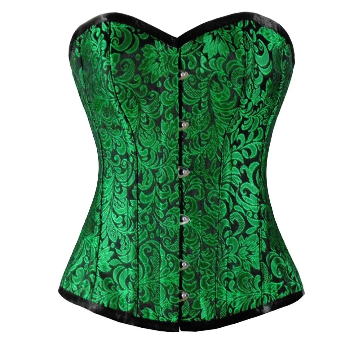 front view of Green and black brocade corset on a white background