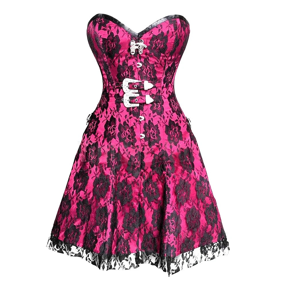 Fuchsia pink floral lace strapless corset dress with black lace overlay and buckle detail