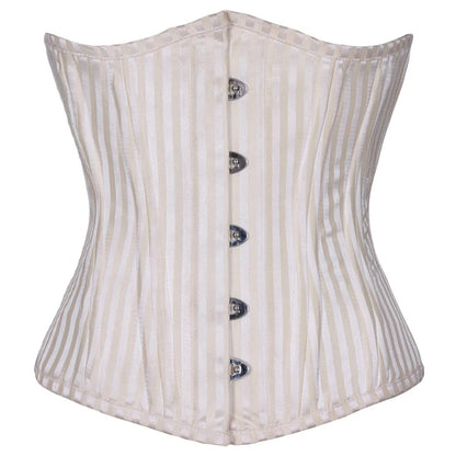 An off-white and beige vertically striped corset bustier with a structured silhouette and five dark metal buttons down the center front, shown against a plain white background.