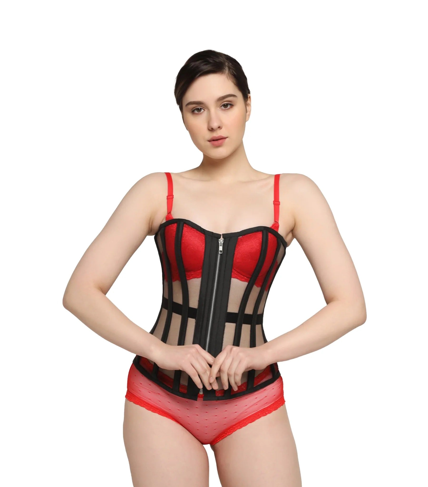 A woman modeling Black Sheer Mesh Steel Boned Overbust Corset with Front Zipper