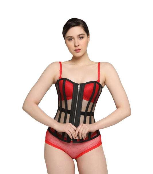 A woman modeling Black Sheer Mesh Steel Boned Overbust Corset with Front Zipper