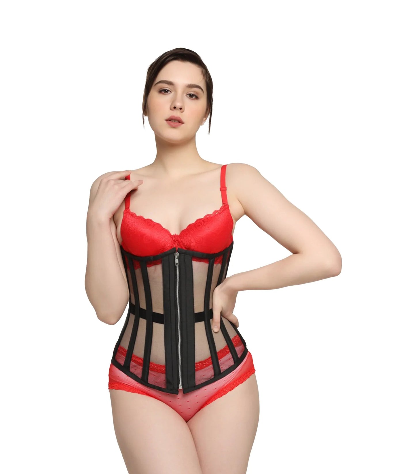 A woman modeling wearingBlack sheer mesh steel boned underbust corset with front zipper and adjustable lace-up back