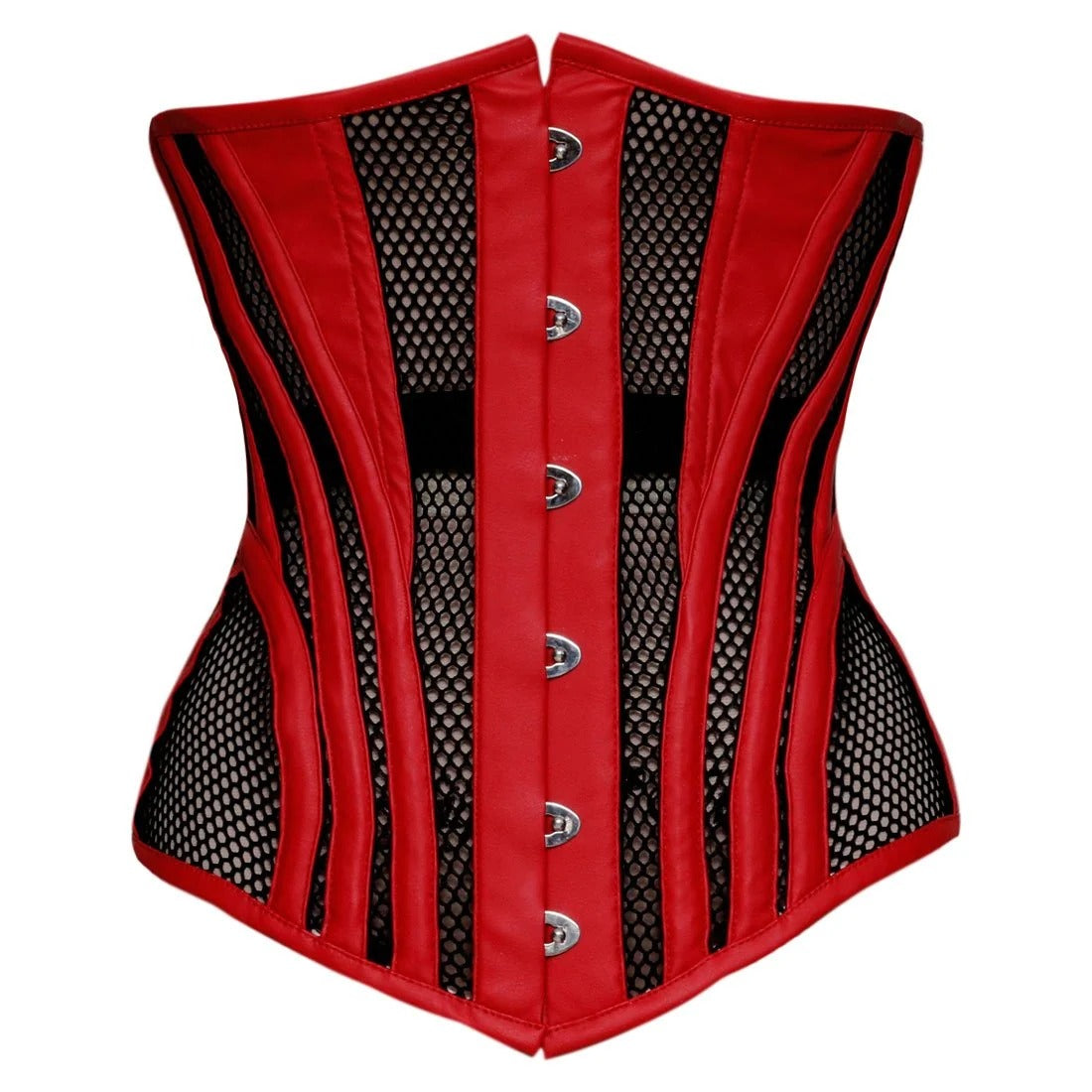 Red and black mesh corset bustier with silver metal snap buttons down the center front, shown against a plain white background.