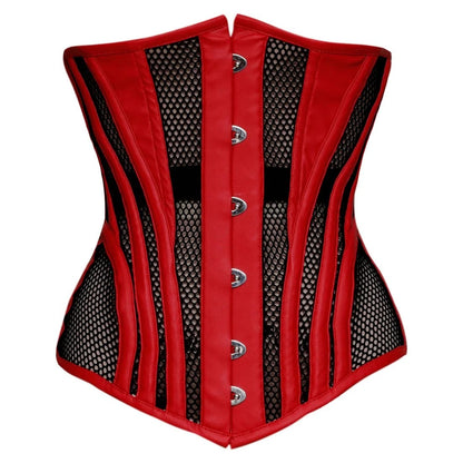 Red and black mesh corset bustier with silver metal snap buttons down the center front, shown against a plain white background.