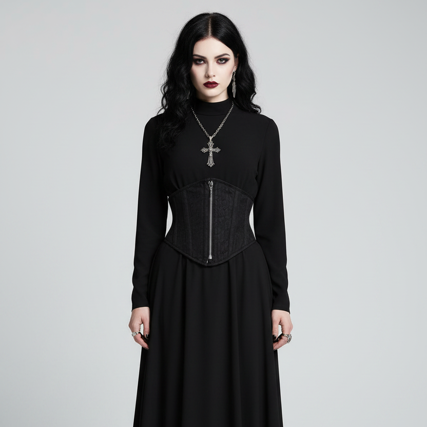 A model wearing a long-sleeved black gothic maxi dress with a structured corset-style bodice and a silver front zipper, styled with a silver cross necklace against a light gray studio background.