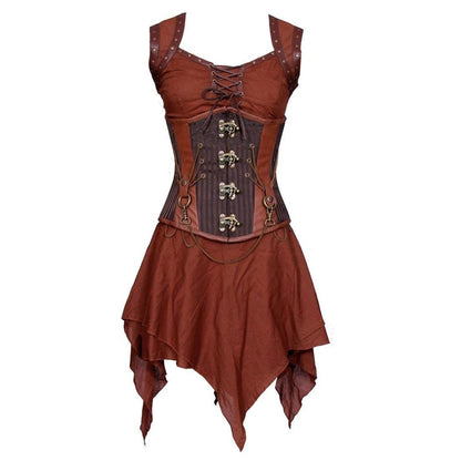 Steampunk-style dress with intricate details on a white background