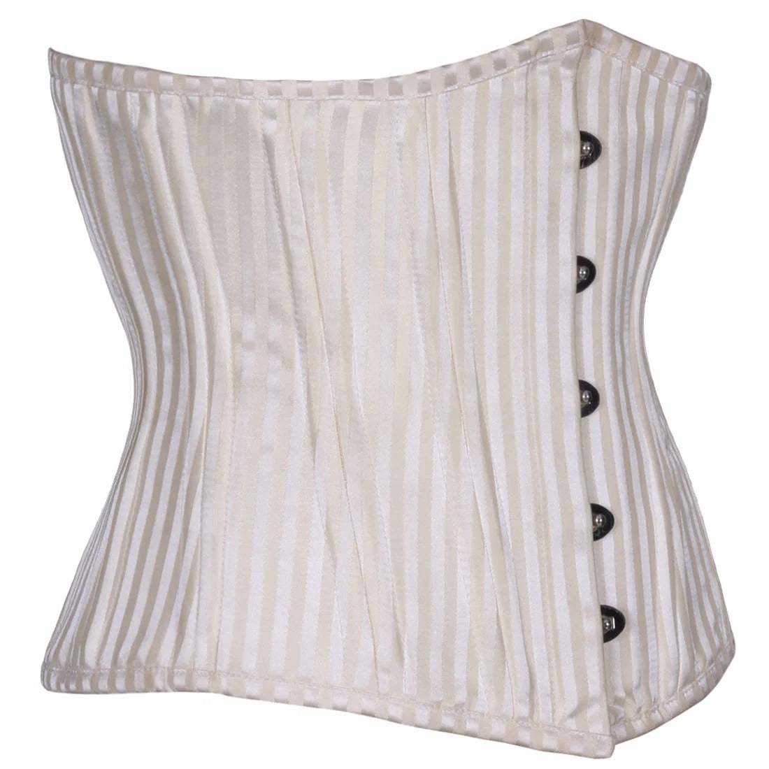 An off-white and beige vertically striped corset with black buttons on the front, shown against a plain white background.