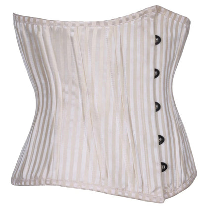 An off-white and beige vertically striped corset with black buttons on the front, shown against a plain white background.