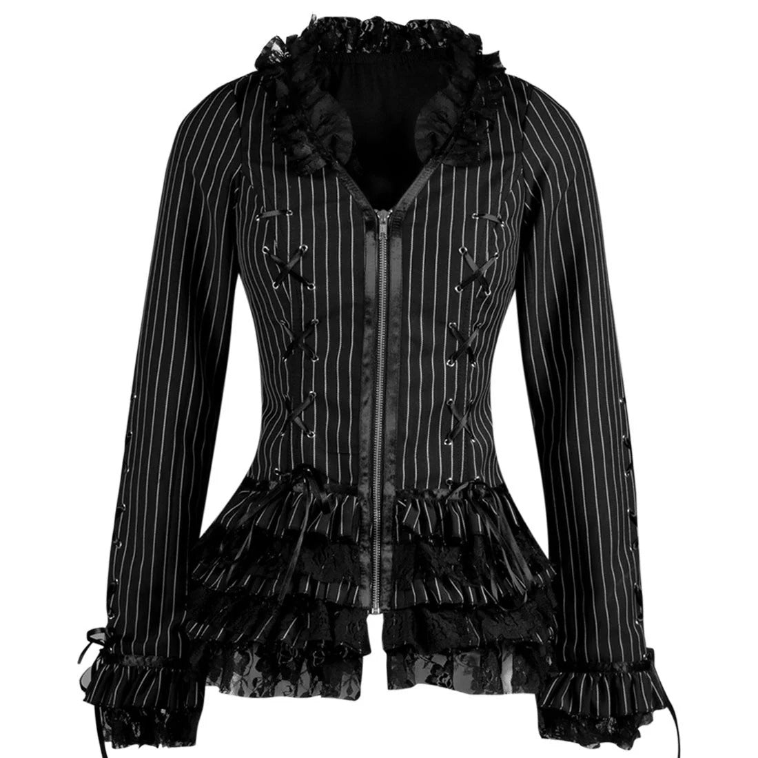 Black long-sleeve gothic-style jacket with white pinstripes, a ruffled collar, lace-up front, and layered ruffle hem, shown on a plain white background.