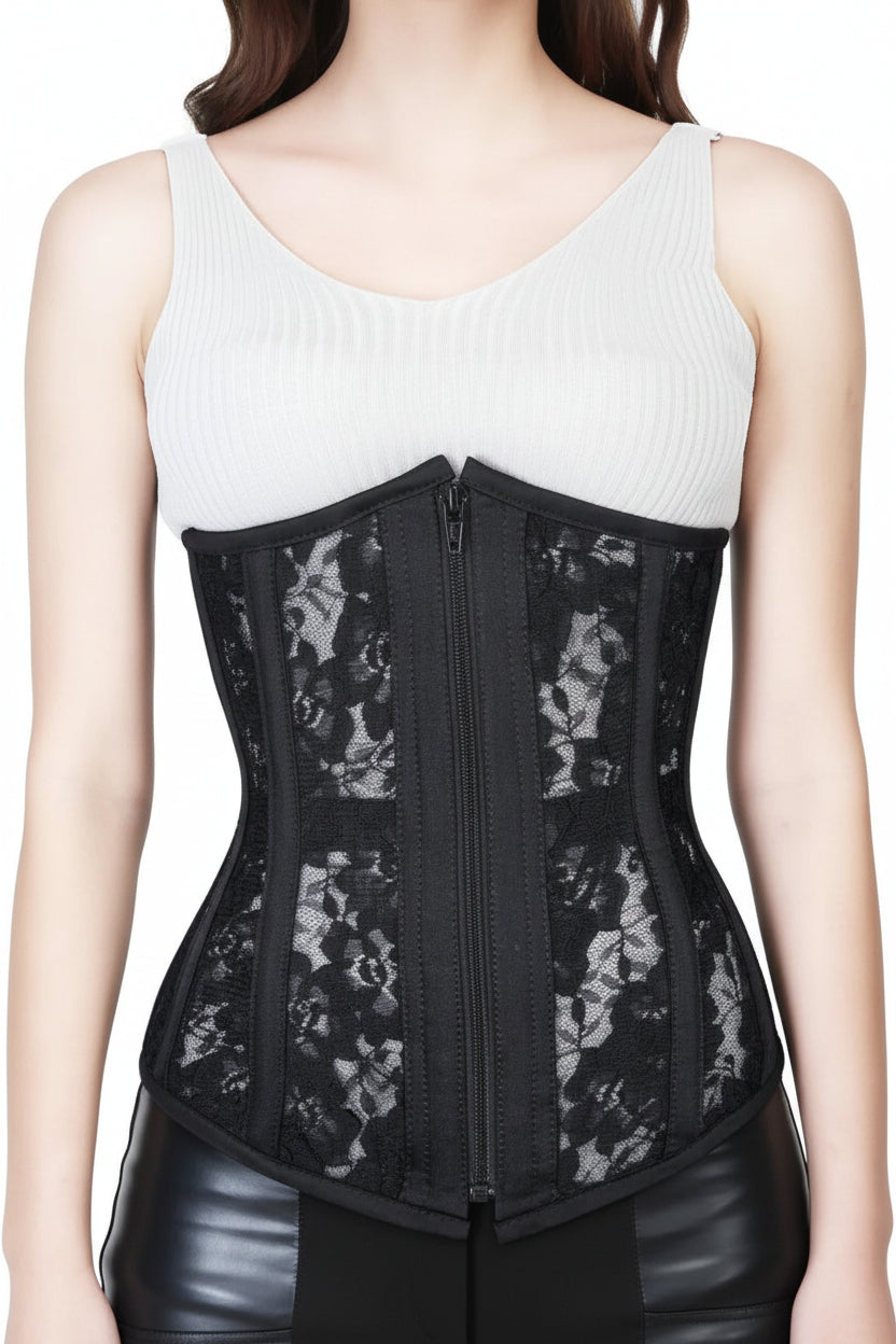 Black Floral Lace Gothic Underbust Corset with Front Zipper