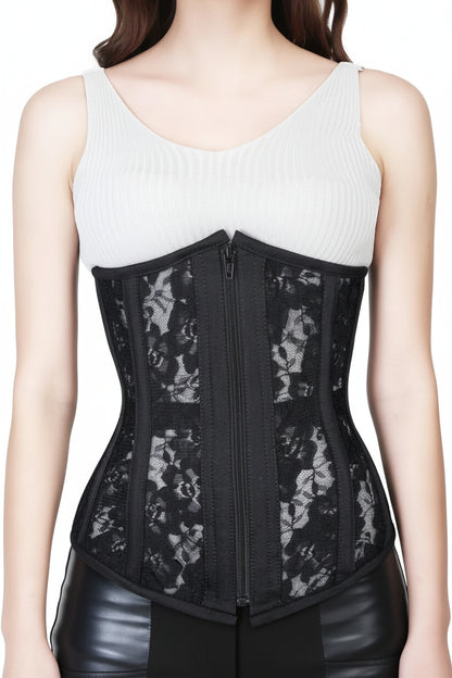 Black Floral Lace Gothic Underbust Corset with Front Zipper