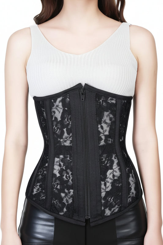 Black Floral Lace Gothic Underbust Corset with Front Zipper