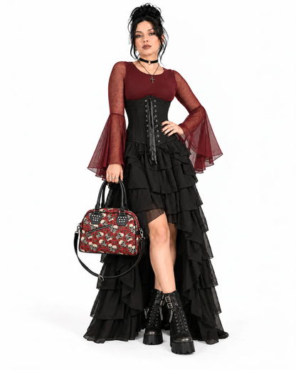 Black Gothic Underbust Corset High-Low Ruffle Dress